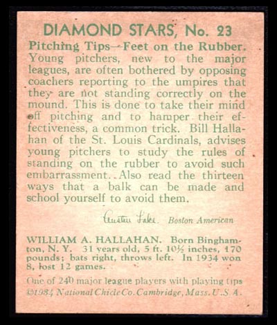 1934-1936 R327 Diamond Stars #23 Bill Hallahan (1935) St. Louis Cardinals - Back