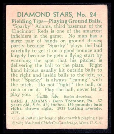 1934-1936 R327 Diamond Stars #24 “Sparky” Adams (1934) Cincinnati Reds - Back