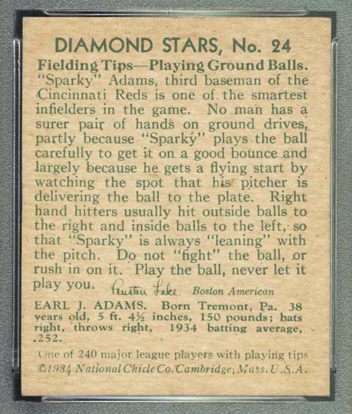 1934-1936 R327 Diamond Stars #24 “Sparky” Adams (1935) Cincinnati Reds - Back