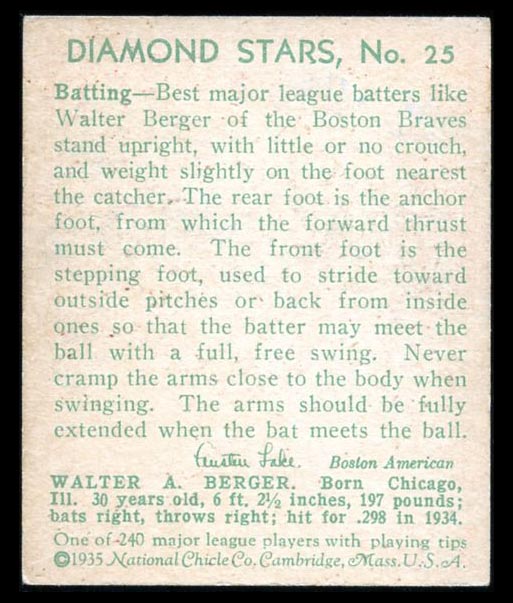 1934-1936 R327 Diamond Stars #25 Walter Berger (1935) Boston Braves - Back