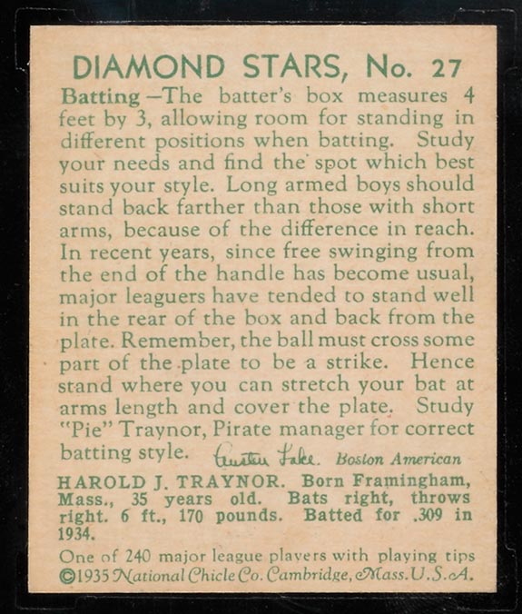 1934-1936 R327 Diamond Stars #27 “Pie“ Traynor (1935) Pittsburgh Pirates - Back