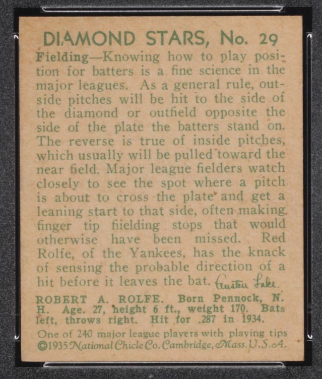 1934-1936 R327 Diamond Stars #29 Robert Rolfe (1935) New York Yankees - Back