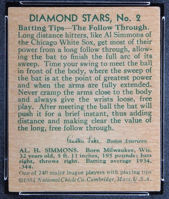 1934-1936 R327 Diamond Stars #2 Al Simmons (1935) Chicago White Sox - Back