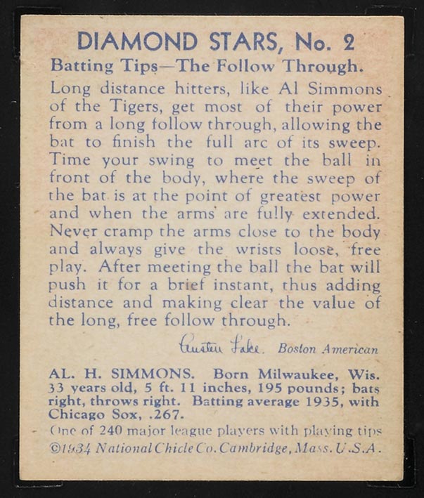 1934-1936 R327 Diamond Stars #2 Al Simmons (1936) Detroit Tigers - Back