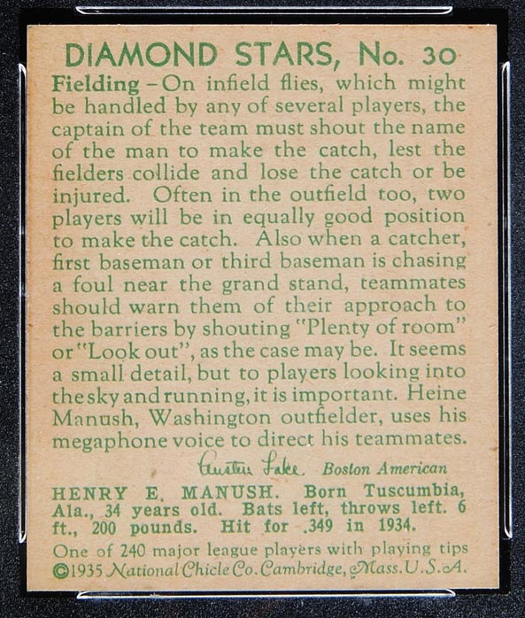 1934-1936 R327 Diamond Stars #30 “Heinie” Manush (1935) Washington Senators - Back