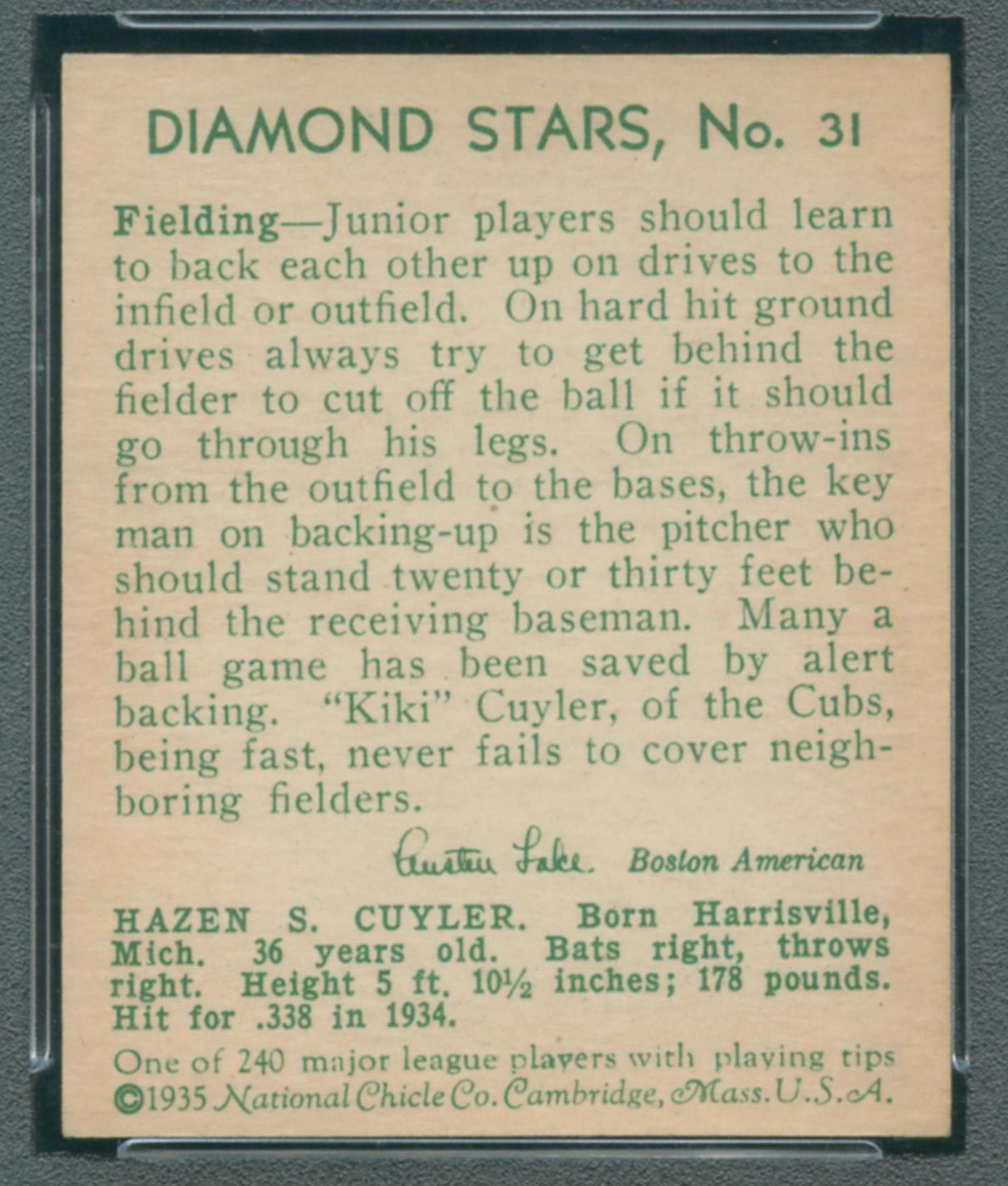 1934-1936 R327 Diamond Stars #31 “Ki-Ki” Cuyler (1935) Chicago Cubs - Back