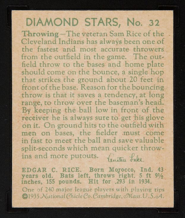 1934-1936 R327 Diamond Stars #32 Sam Rice (1935) Cleveland Indians - Back