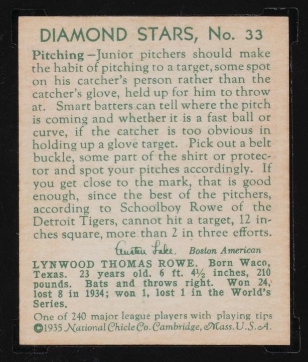 1934-1936 R327 Diamond Stars #33 “Schoolboy” Rowe (1935) Detroit Tigers - Back