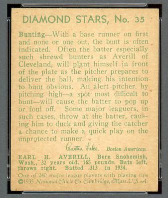 1934-1936 R327 Diamond Stars #35 Earle (Earl) Averill (1935) Cleveland Indians - Back