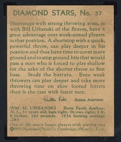 1934-1936 R327 Diamond Stars #37 Billie Urbanski (1935) Boston Braves - Back