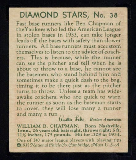 1934-1936 R327 Diamond Stars #38 Ben Chapman (1935) New York Yankees - Back