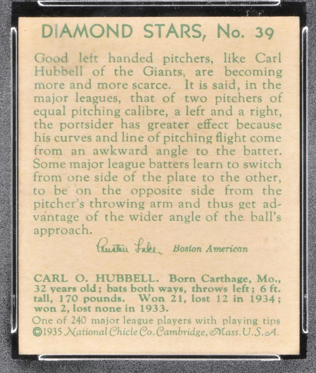 1934-1936 R327 Diamond Stars #39 Carl Hubbell (1935) New York Giants - Back