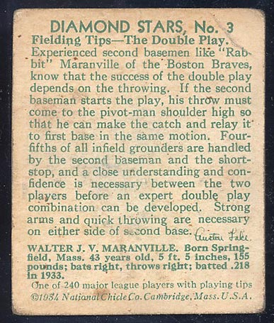 1934-1936 R327 Diamond Stars #3 “Rabbit” Maranville (1934) Boston Braves - Back