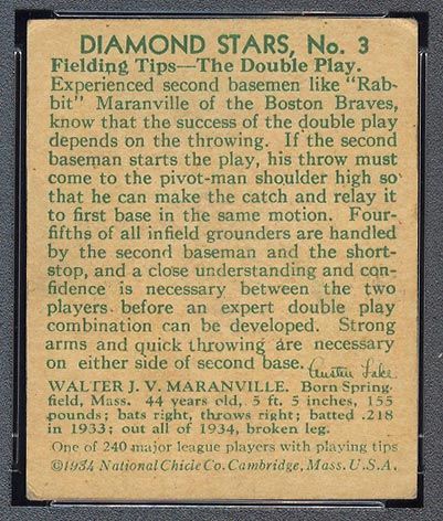 1934-1936 R327 Diamond Stars #3 “Rabbit” Maranville (1935) Boston Braves - Back