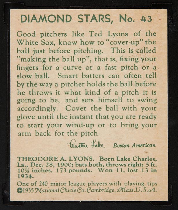 1934-1936 R327 Diamond Stars #43 Ted Lyons (1935) Chicago White Sox - Back