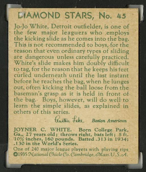 1934-1936 R327 Diamond Stars #45 “Jo Jo” White (1935) Detroit Tigers - Back