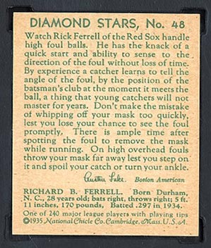 1934-1936 R327 Diamond Stars #48 Rick Ferrell (1935) Boston Red Sox - Back