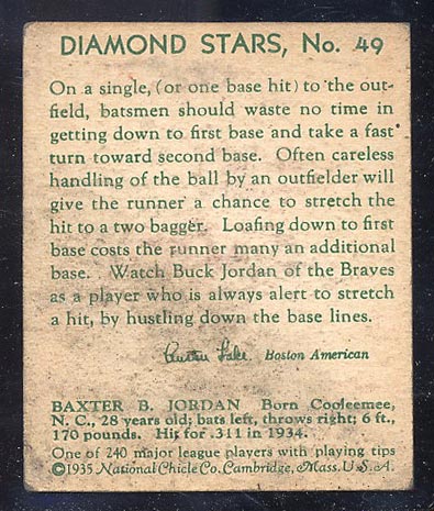 1934-1936 R327 Diamond Stars #49 “Buck” Jordan (1935) Boston Braves - Back