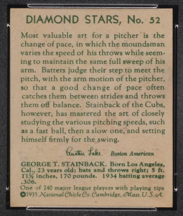 1934-1936 R327 Diamond Stars #52 George Stainback (1935) Chicago Cubs - Back