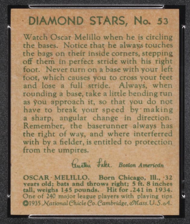 1934-1936 R327 Diamond Stars #53 Oscar Melillo (1935) St. Louis Browns - Back