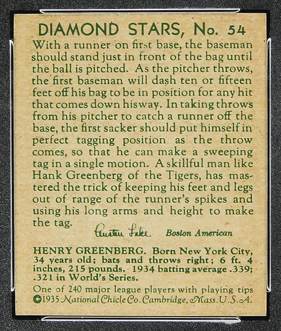 1934-1936 R327 Diamond Stars #54 Hank Greenberg (1935) Detroit Tigers - Back