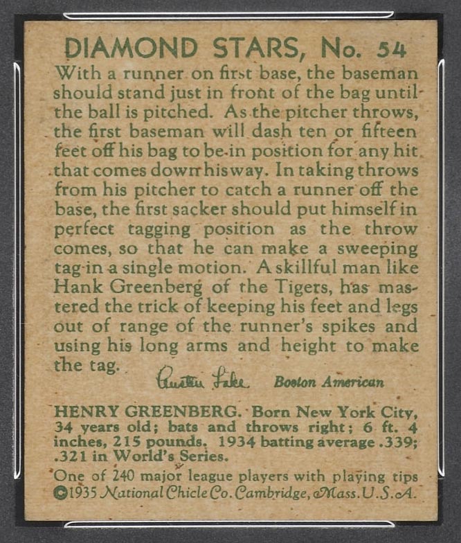 1934-1936 R327 Diamond Stars #54 Hank Greenburg (Greenberg) (1935) Detroit Tigers - Back