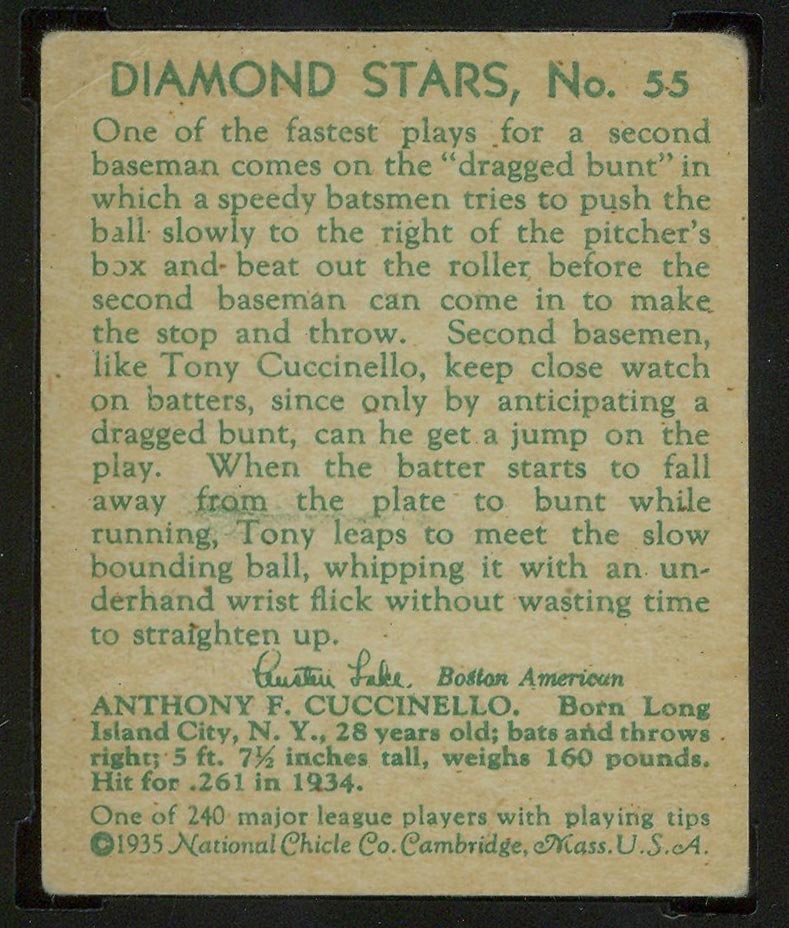 1934-1936 R327 Diamond Stars #55 Tony Cuccinello (1935) Brooklyn Dodgers - Back