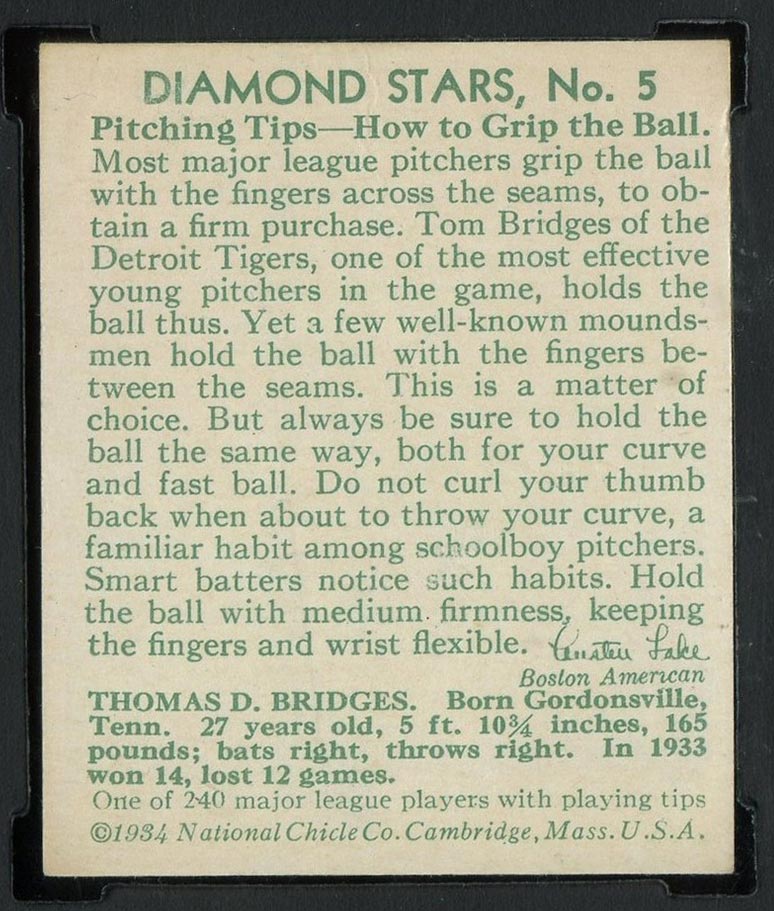 1934-1936 R327 Diamond Stars #5 Tom Bridges (1934) Detroit Tigers - Back