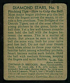 1934-1936 R327 Diamond Stars #5 Tom Bridges (1935) Detroit Tigers - Back