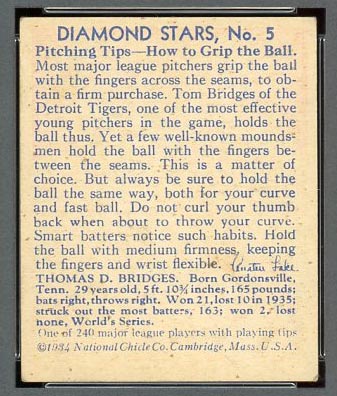1934-1936 R327 Diamond Stars #5 Tom Bridges (1936) Detroit Tigers - Back
