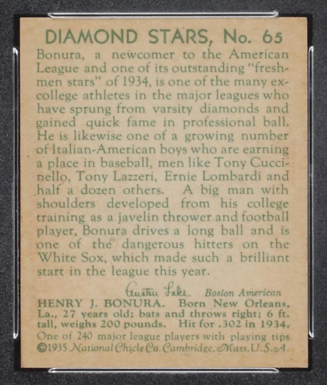 1934-1936 R327 Diamond Stars #65 Zeke Bonura (1935) Chicago White Sox - Back