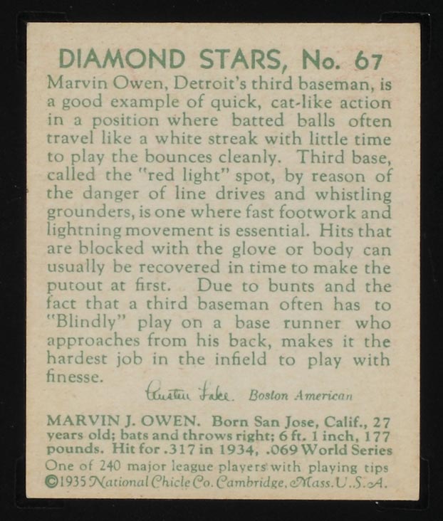 1934-1936 R327 Diamond Stars #67 Marvin Owen (1935) Detroit Tigers - Back