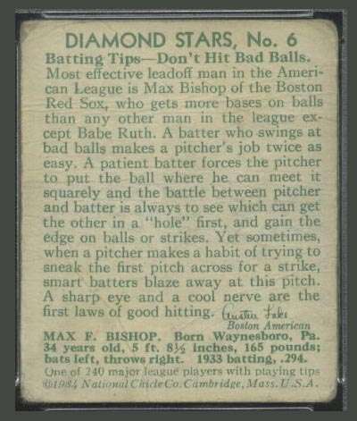 1934-1936 R327 Diamond Stars #6 Max Bishop (1934) Boston Red Sox - Back
