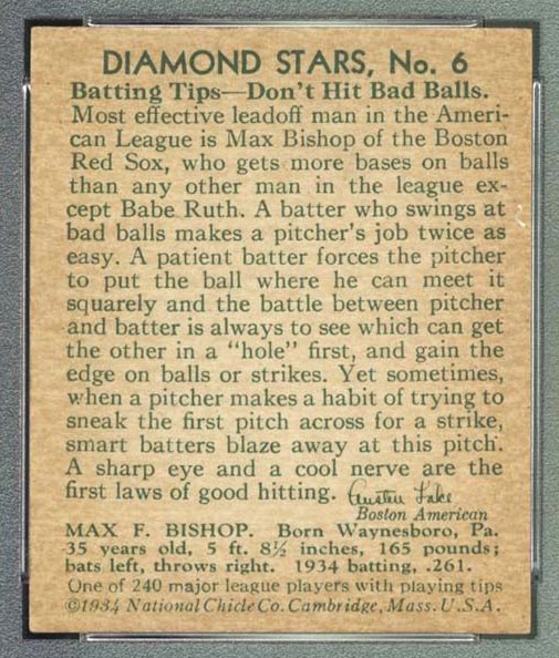 1934-1936 R327 Diamond Stars #6 Max Bishop (1935) Boston Red Sox - Back