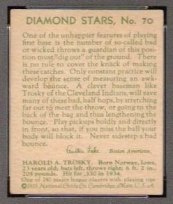 1934-1936 R327 Diamond Stars #70 Hal Trosky (1935) Cleveland Indians - Back