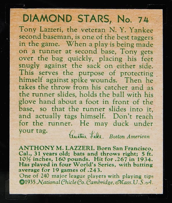 1934-1936 R327 Diamond Stars #74 Tony Lazzeri (1935, green back) New York Yankees - Back