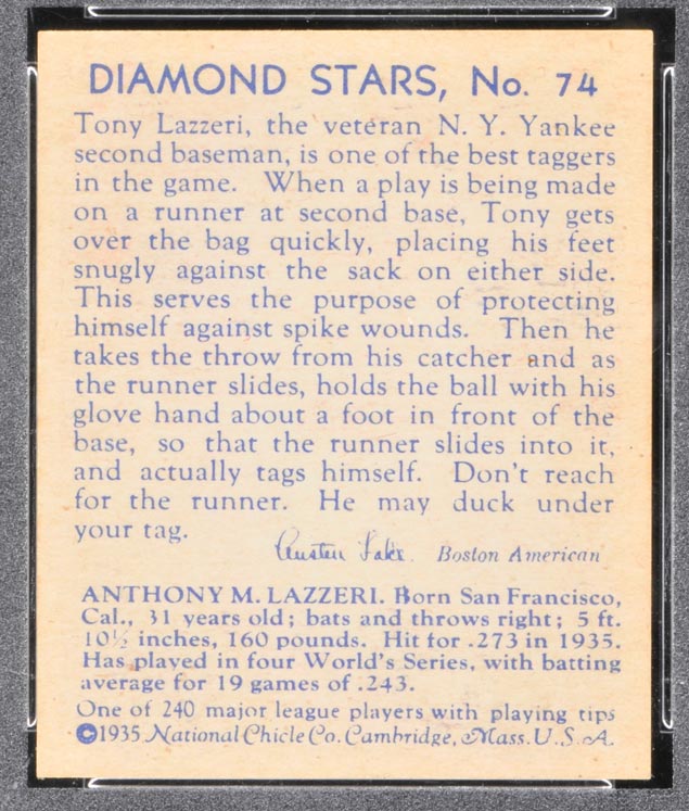 1934-1936 R327 Diamond Stars #74 Tony Lazzeri (1936) New York Yankees - Back