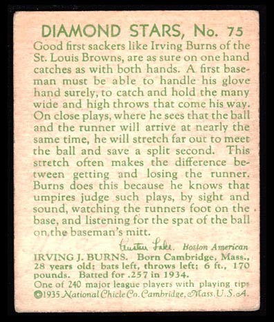 1934-1936 R327 Diamond Stars #75 Irving “Jack” Burns (1935, green back) St. Louis Browns - Back