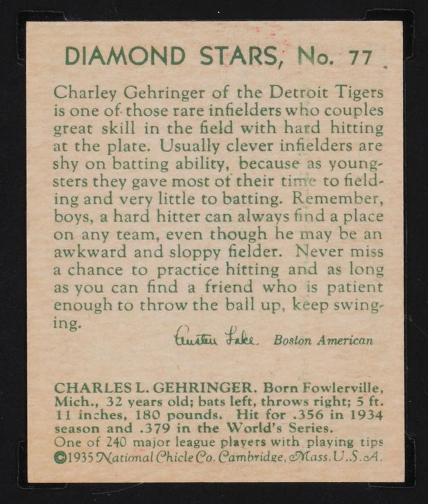 1934-1936 R327 Diamond Stars #77 Charlie Gehringer (1935, green back) Detroit Tigers - Back