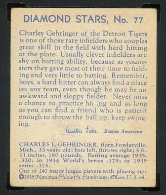 1934-1936 R327 Diamond Stars #77 Charlie Gehringer (1936) Detroit Tigers - Back