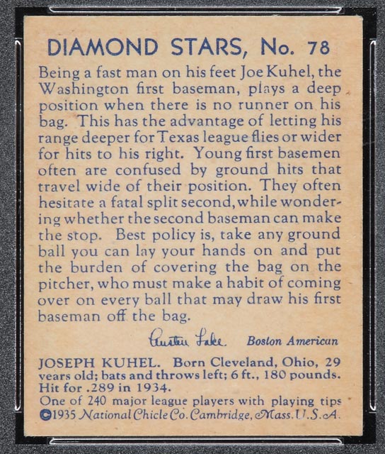 1934-1936 R327 Diamond Stars #78 Joe Kuhel (1935, blue back) Washington Senators - Back