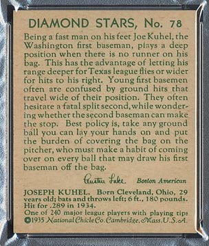 1934-1936 R327 Diamond Stars #78 Joe Kuhel (1935, green back) Washington Senators - Back