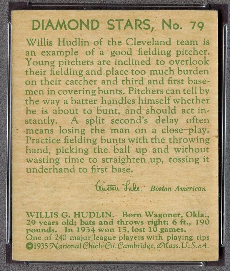 1934-1936 R327 Diamond Stars #79 Willis Hudlin (1935, green back) Cleveland Indians - Back