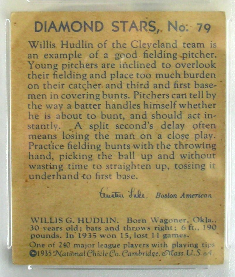 1934-1936 R327 Diamond Stars #79 Willis Hudlin (1936) Cleveland Indians - Back