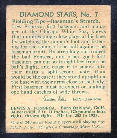 1934-1936 R327 Diamond Stars #7 Lew Fonseca (1934, 34 years old) Chicago White Sox - Back