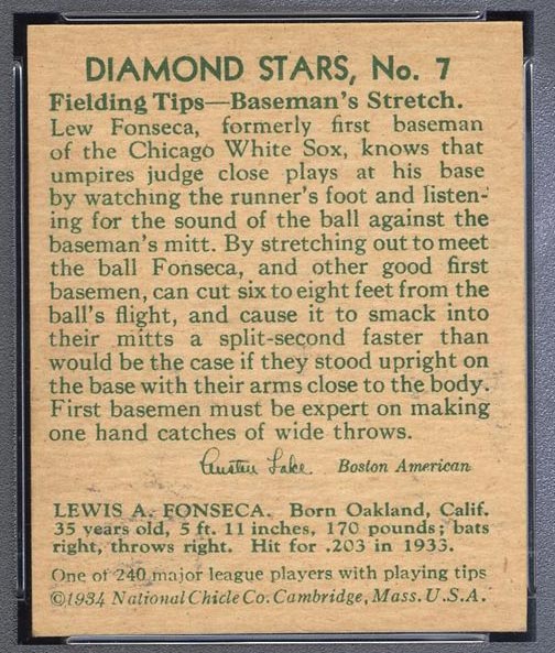 1934-1936 R327 Diamond Stars #7 Lew Fonseca (1934, 35 years old) Chicago White Sox - Back