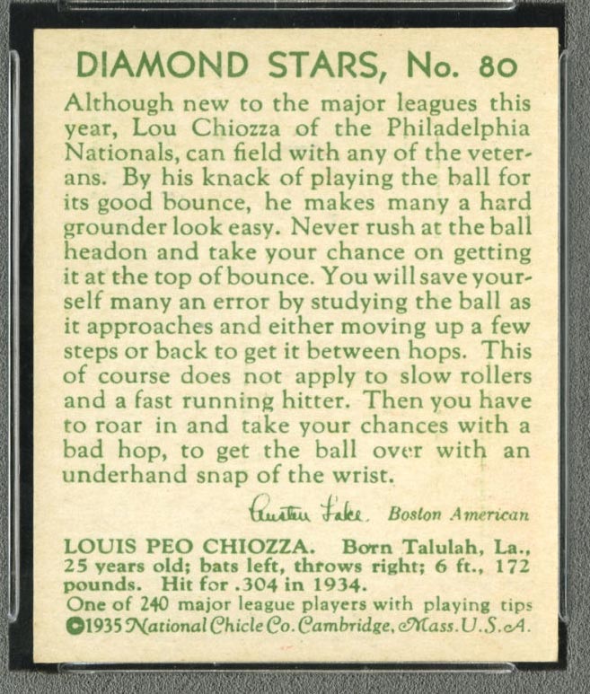 1934-1936 R327 Diamond Stars #80 Louis Chiozza (1935, green back) Philadelphia Phillies - Back