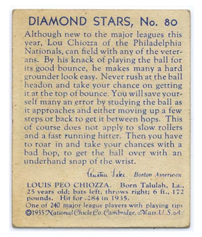 1934-1936 R327 Diamond Stars #80 Louis Chiozza (1936) Philadelphia Phillies - Back