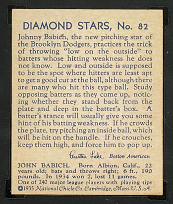 1934-1936 R327 Diamond Stars #82 John Babich (1935, blue back) Brooklyn Dodgers - Back