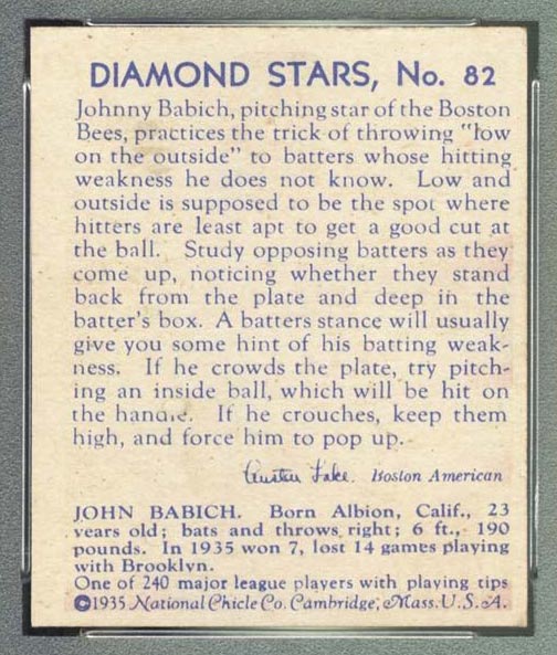 1934-1936 R327 Diamond Stars #82 John Babich (1936) Brooklyn Dodgers - Back